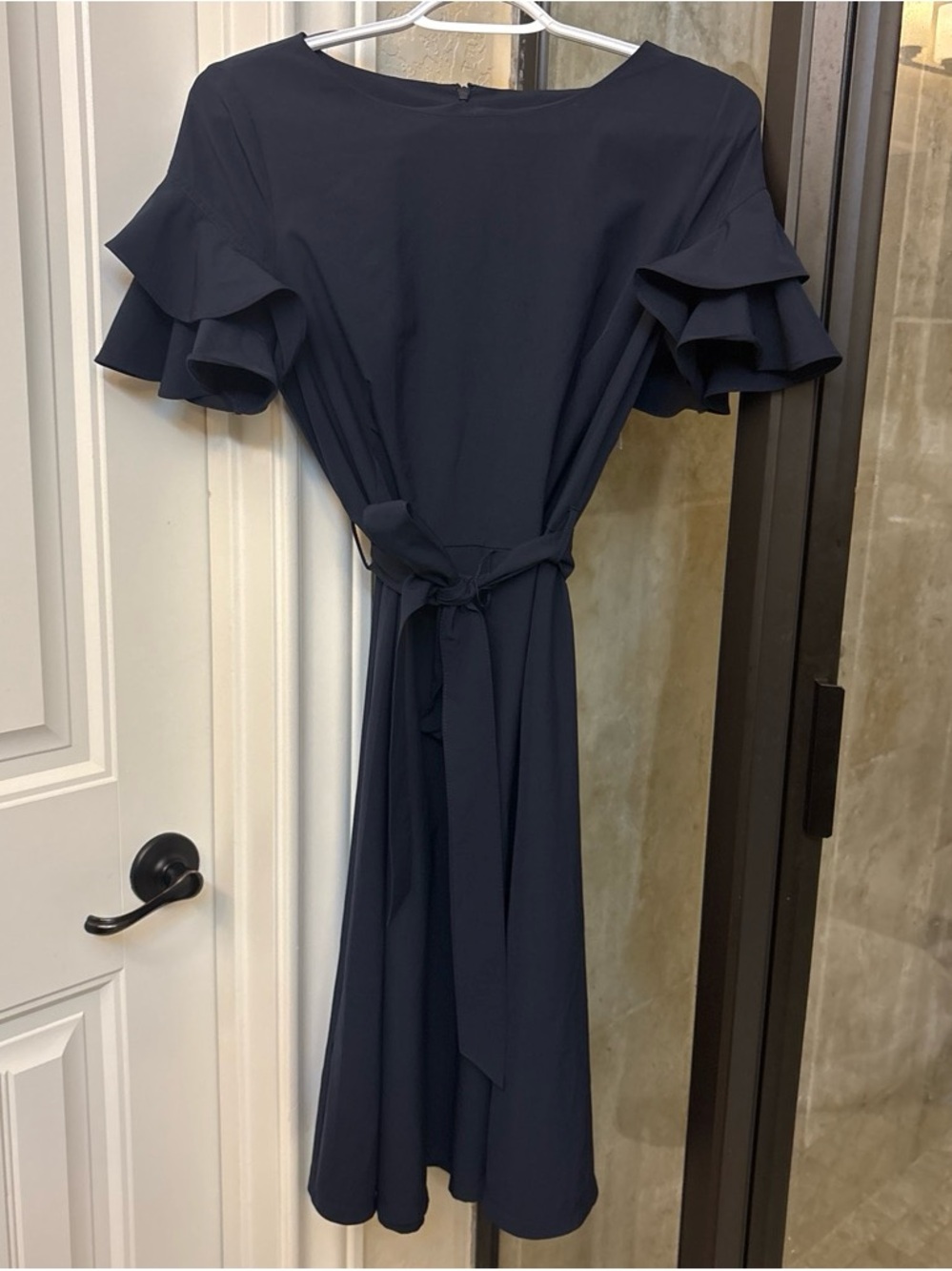 Calvin Klein Navy Ruffle-Sleeve Tie-Waist Midi Dress